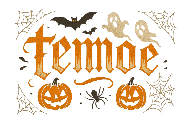 Contains temoe word with halloween theme and a black transparent back ground